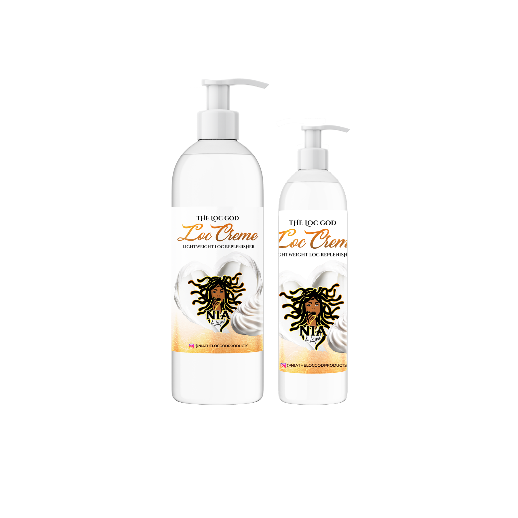 Two bottles of Loc Creme hair product on a white background